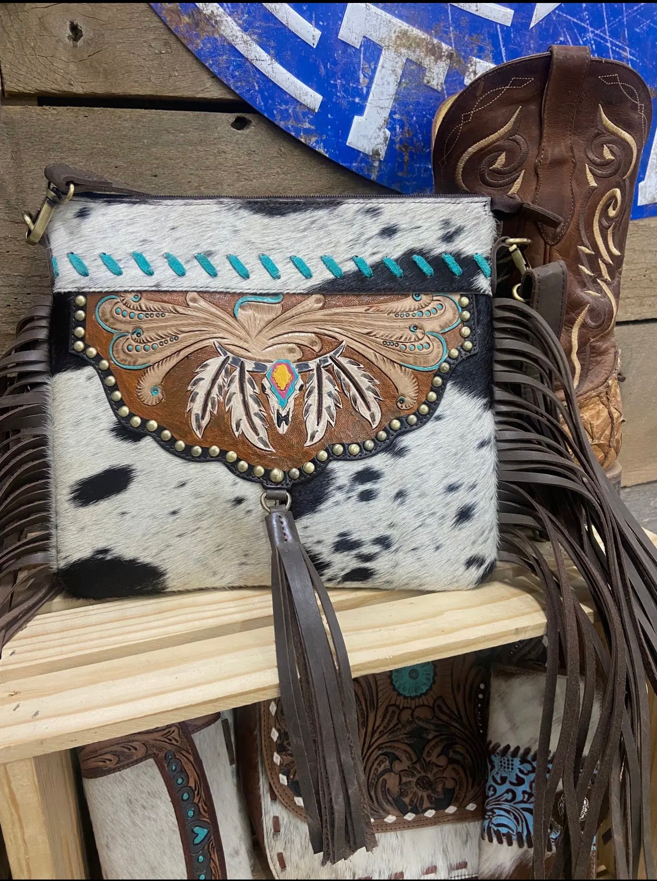 Cowhide and Fringe Crossbody Purse