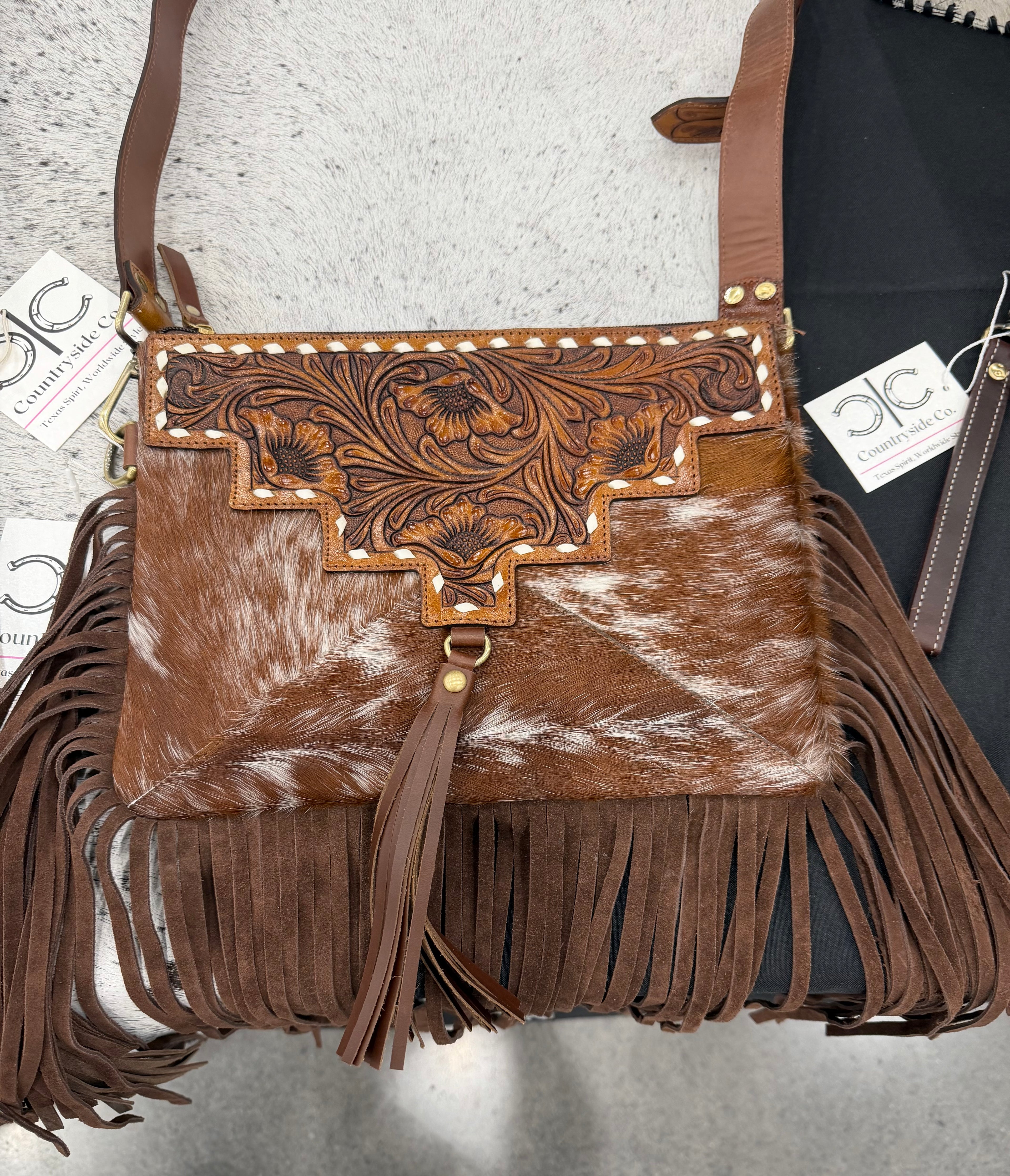 Tooled leather & Cowhide crossbody purse